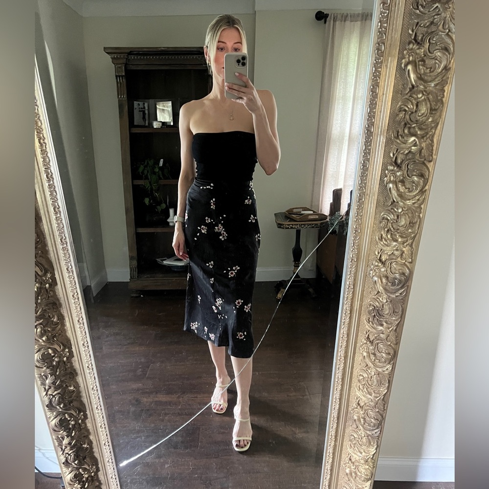 Free People Black and Floral Midi Satin Skirt